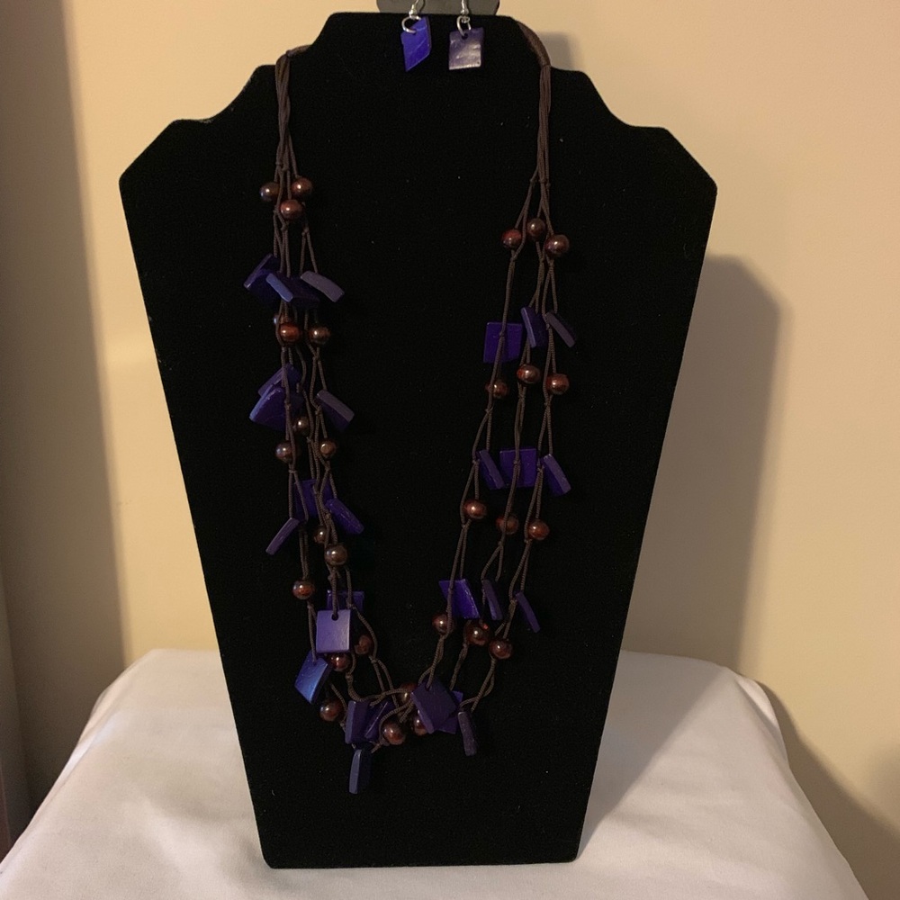 Purple Square Wooden Necklace and Earrings Set